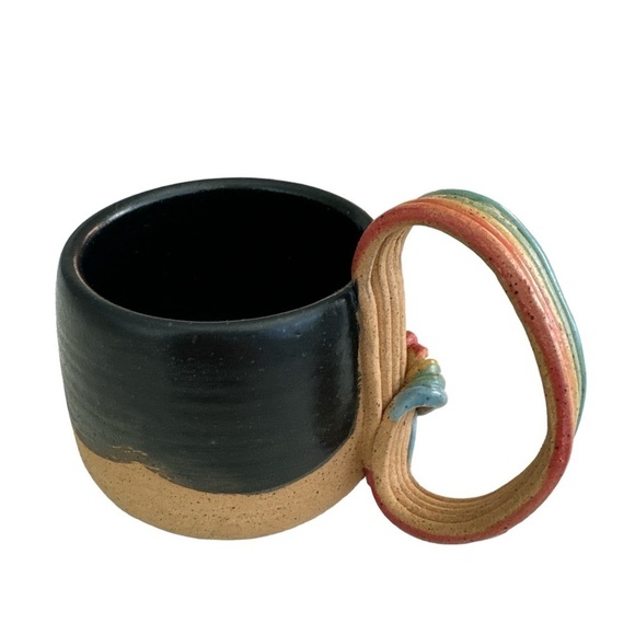 Handmade Wheel Thrown Ceramic Black and Rainbow Handle Pottery Coffee Tea Mug - Picture 4 of 8